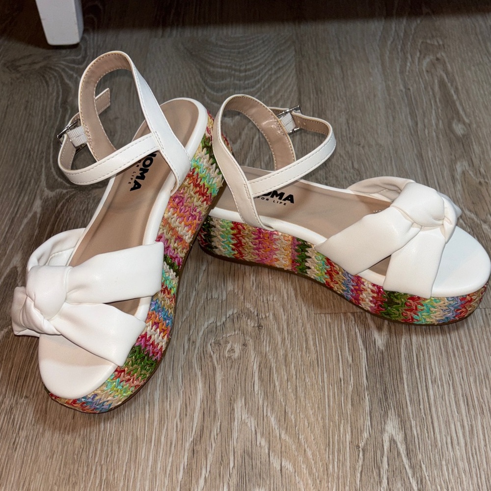 Girls White Strap Sandals with Colorful Woven Platform